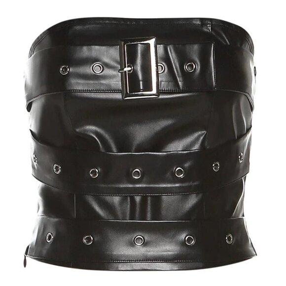 Punk Rock Buckle Up Bustier Top Sz L Stretchy Black Faux Leather Gothic Grommets - Picture 3 of 7